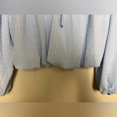 WAYF Pastel Blue Crepe Textured Long Blouson Sleeve Bubble Hem Cropped Blouse L