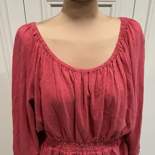 Marine layer Christiana Knit Long Sleeve Shirred Cotton Top Berry Peplum Peasant