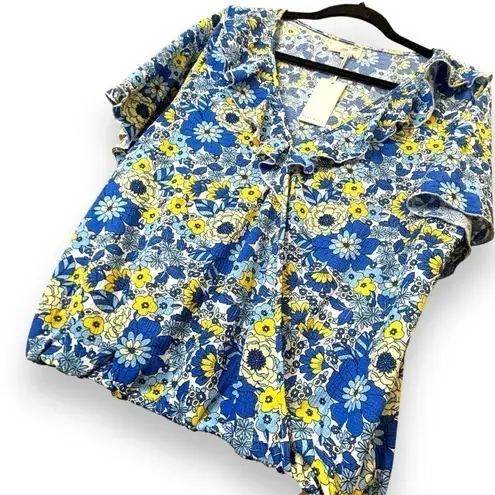 MELLODAY NWT Blue Yellow Floral Ruffle Top - Size Large