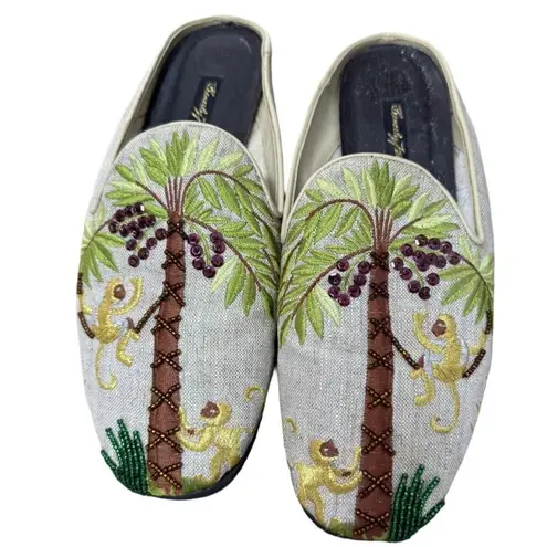 Beverly Feldman Beaded Monkey Palm Mules Vintage 7.5 M Women's Shoes Slide On
