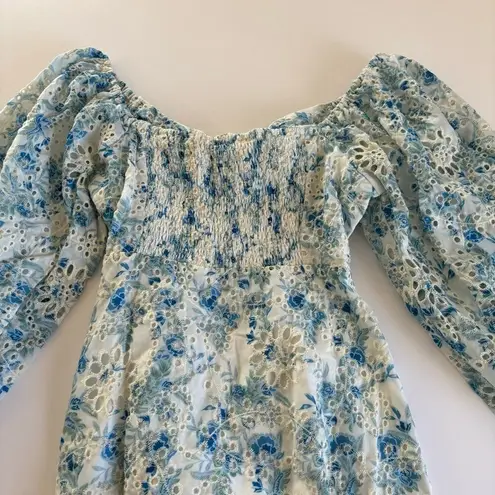 En Saison Claire Floral Blue Eyelet Open Front Long Sleeve Mini Dress Sz Medium