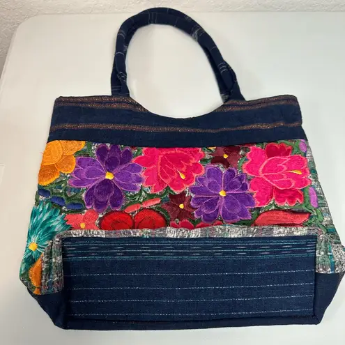 Guatemalan 100% Cotton Handmade Vibrant Embroidered Denim Medium Sized Tote Blue