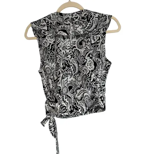 Unique Vintage Black White Paisley Wrap Tie Front Sleeveless Blouse Top M
