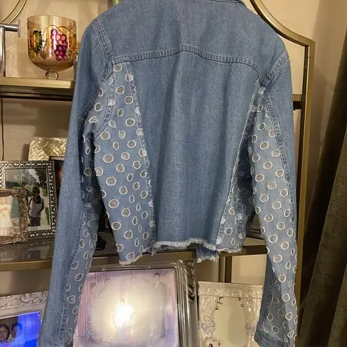 J Brand  Women’s Cyra Polka Dot Panel Crop Denim Blue Jean Jacket