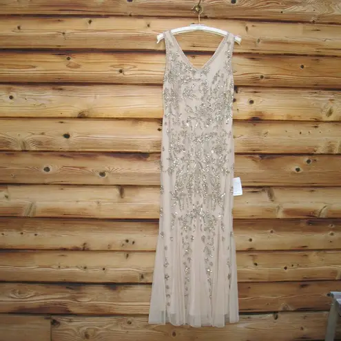 Pisarro Nights Nights Blush Beige Beaded Sequin Gown Dress 10 Tan