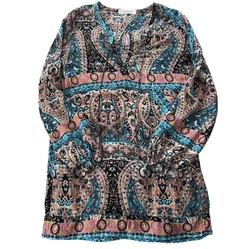 Auguste BOHO LONG SLEEVE PAISLEY PRINT PINK BLUE SHIFT GYPSIE FLOWY TUNIC DRESS