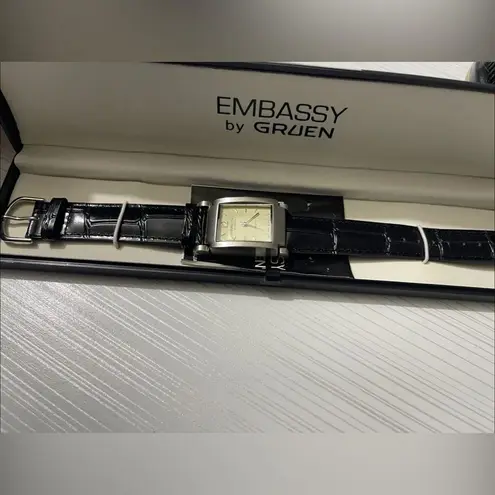 NIB Embassy by Gruen Black Strip Silver Watch Women’s