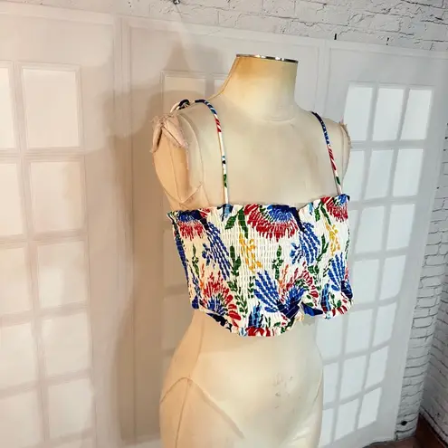 House of Harlow Blue White Toucan Smocked Beaded Tassel Crop Bandeau Top Large