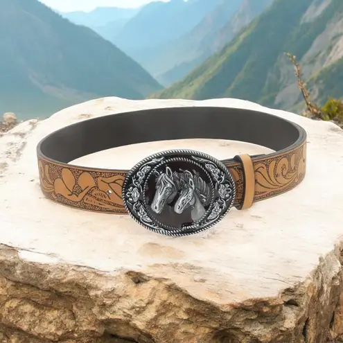 Vintage Style Twin Horses Embossed PU Leather Belt Casual Accessory Size L Tan Size L