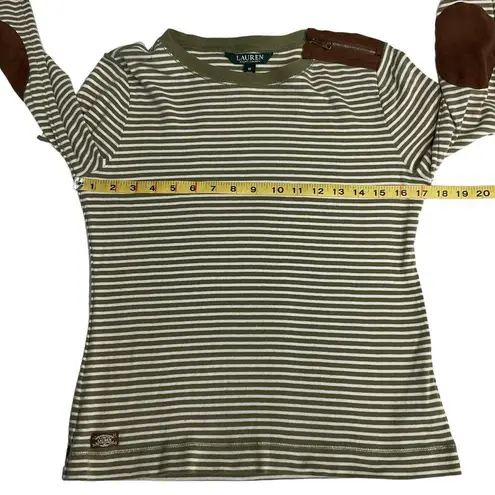 Lauren Ralph Lauren Green Cream Stripe Long Sleeve Tee Size M Faux Suede Patches Size M