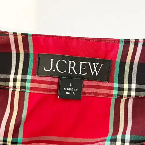 J.Crew  100% Cotton Tartan Plaid Puff-Sleeve Keyhole Poplin Blouse Red Large