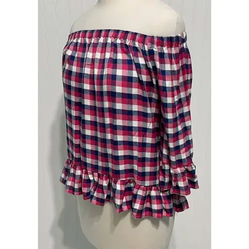 Jane & Delancey Blouse Picnic Pleasant Plaid Off The Shoulder Top Red Small Red