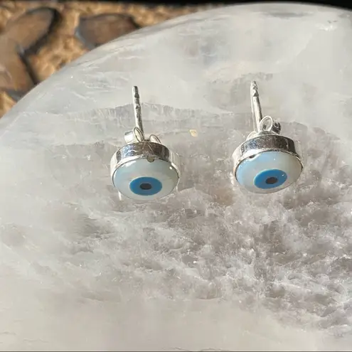 Sterling Silver Evil Eye Shell And Turquoise solid  Stud Earrings