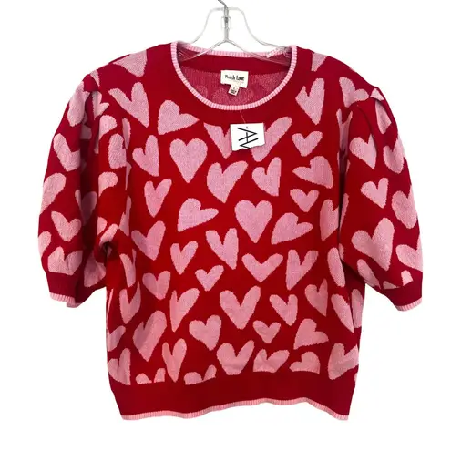 Peach Love California Short Sleeve Heart Sweater Womens Large Red Pink Valentine