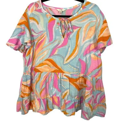 Terra & Sky , 1X, Aqua Brushstroke Gauze Top, Flowy, Tiered Waist, EUC