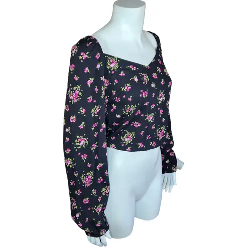 VERO MODA Womens Medium VMANNA Long Sleeve Crop Top Black Pink Floral Smock NWT