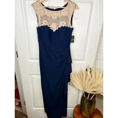 Alex Evenings Navy Blue Crepe Side Ruched Dress Sweetheart Lace Illusion Sz 10 - Image 2