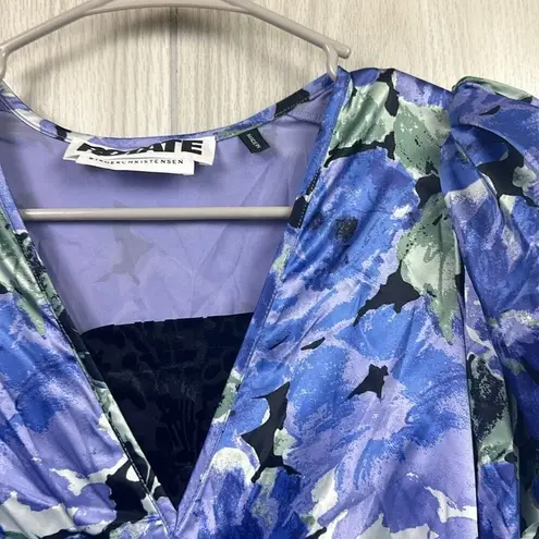 ROTATE Birger Christensen Sierina Womes Midi Dress XS Satin Puff Sleeve Blue