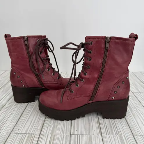 Teenmix boots women's 6 combat platform studded ankle lace up burgundy leather Red