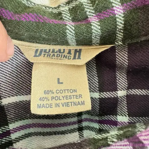 Duluth Trading Purple Black White Plaid Cotton Blend Button Up Flannel Shirt L Size L