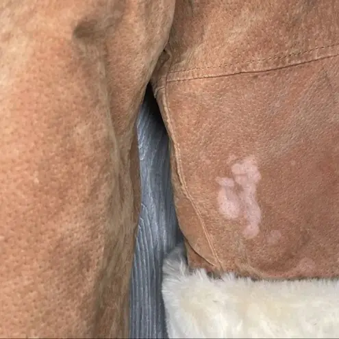 Copper collection leather faux fur lined jacket coat horn type buttons hooded sm Tan