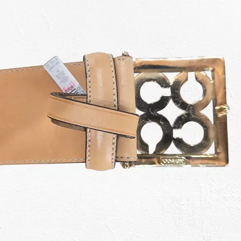 Coach  Sig C Pierced Belt 90110 Tan Beige Gold Square Buckle Leather Size Medium