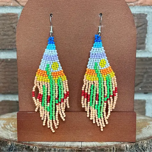 Beaded Saguaro Cactus Desert Earrings Green