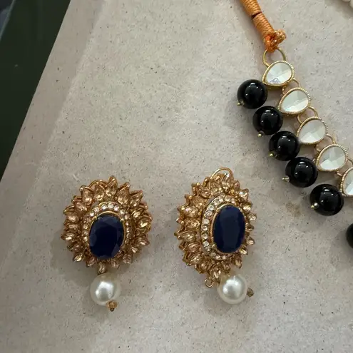 Indian Pakistani Gold and Navy blue Jewelry Set