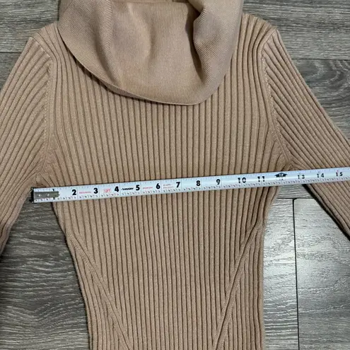 V28 Women Cowl Neck Sweater Long Sleeve Ribbed Knit Fitted Beige Dress Size M Tan Size M