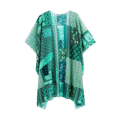 CCC Bohemian Style Patchwork Cape Lightweight Sheer Fabric Elegant Turquoise Whi Green Size XL
