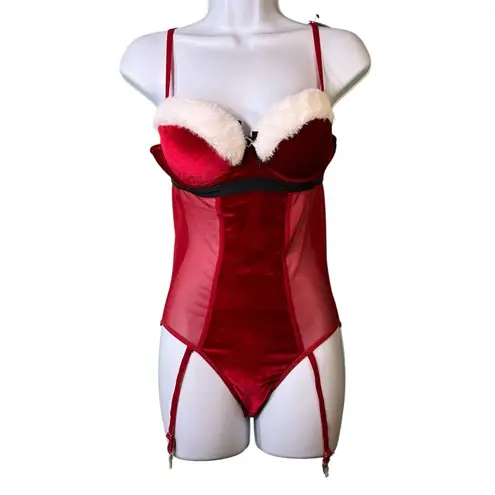 Spree Intimates Bodysuit Santa's Helper Faux Fur Lingerie Costume Red Size M