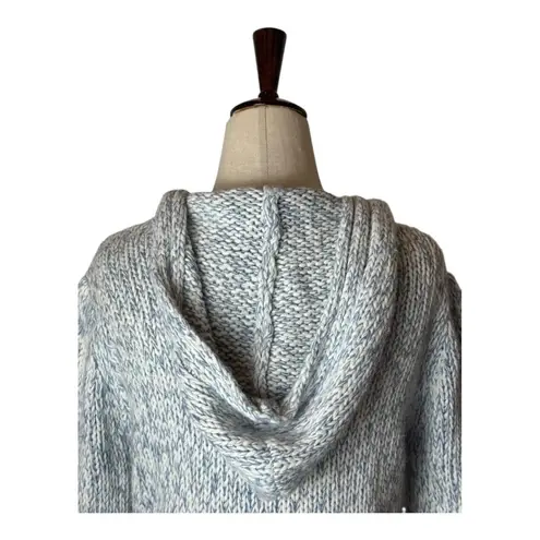 By Next Era Sweater Women Medium Blue White Cable Knit Hooded Pullover Tassel