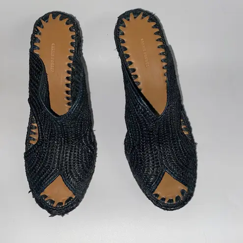 Carrie Forbes Black Lina Woven Straw Sandals Wedge Mules Women's Size 38 US 8
