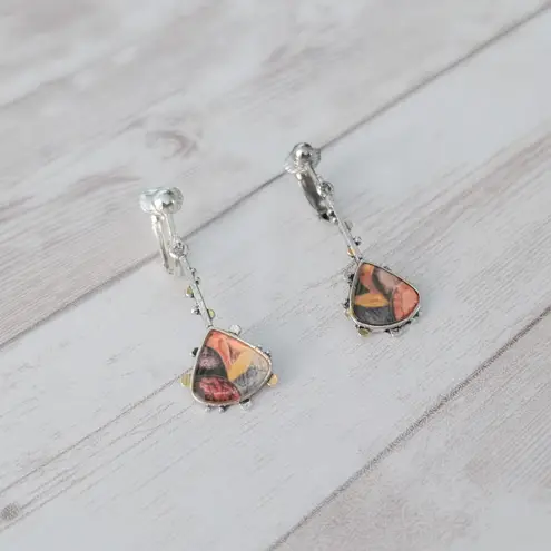 Vintage Clip On Earrings Unusual Long Dangle 1.75" Artsy Silver Tone Multi Color