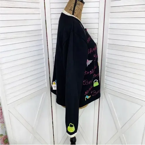 Berek Vintage 90s Born To Shop Embroidered Appliqué Cardigan Sweater Black XL Black