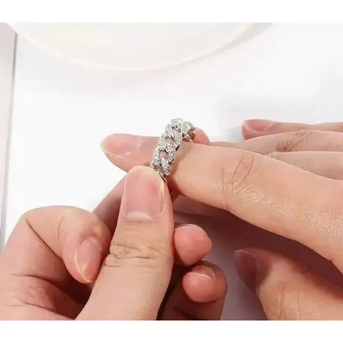 Boutique 8mm Iced White Gold‎ Plated Sterling Cuban Chain Ring, Adjustable