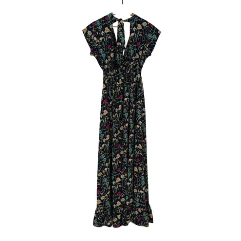 BETINA Floral Print Maxi Dress Deep V Neck Smocked Waist Tie Back Navy Black