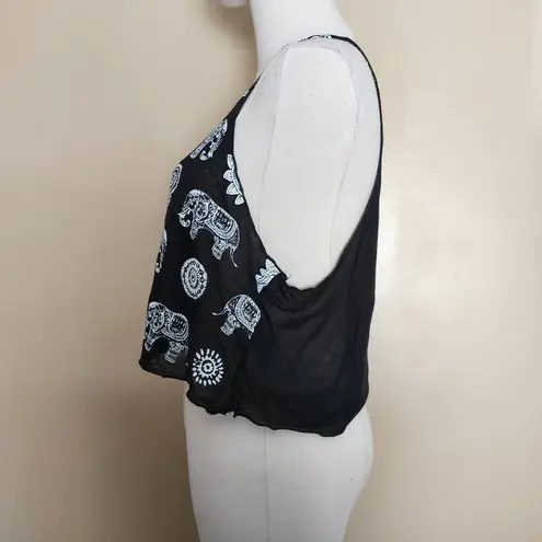 Papaya Black/White Boho Elephant Cropped Tank Top, Women's Small