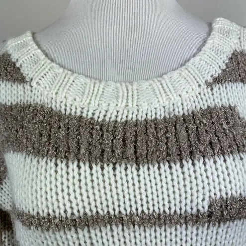 Sloane Rouge Sweater XS Fringe 3/4 Sleeve Wool Blend Striped Open Knit White
