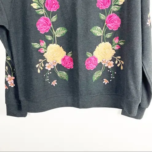 Kut From The Kloth  Charcoal Gray Rose Embroidered Long Sleeves Top, Size Small - Image 6