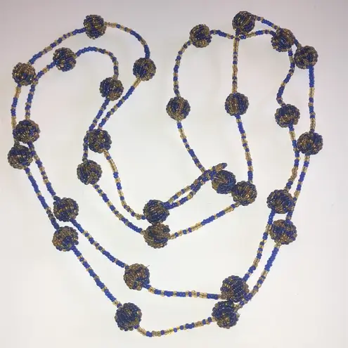 Vintage Blue  & Gold/Yellow Color Seed Bead Beaded Balls Boho Necklace