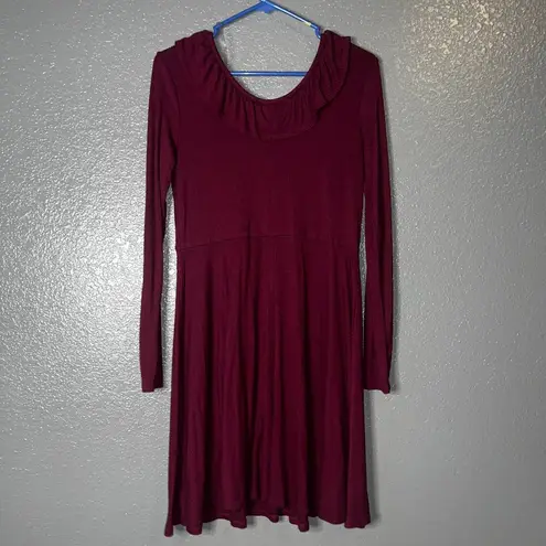 Wine Red Long Sleeve Fit & Flare Dress Women’s XXL Ruffle Neck Ribbed Knit