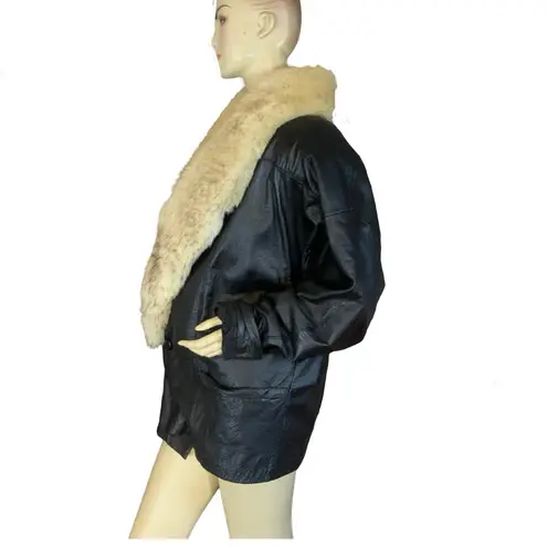 VINTAGE 1980'S GREG BELL BLACK LEATHER WITH FOX FUR COLLAR COAT (L) Size L