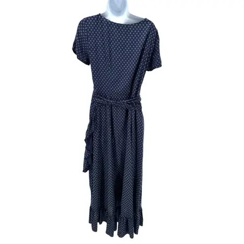 Eshakti Navy Polka Dot Cotton Wrap Dress Ruffle Hem Midi Large Cottage Classic