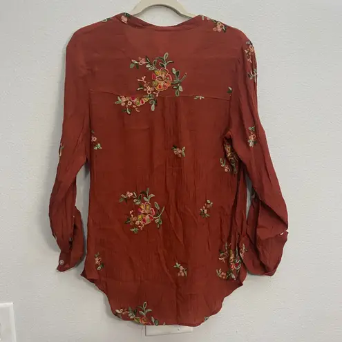 Anthropologie Fig & Flower Embroidered Button Down Blouse Orange Size Petite XL