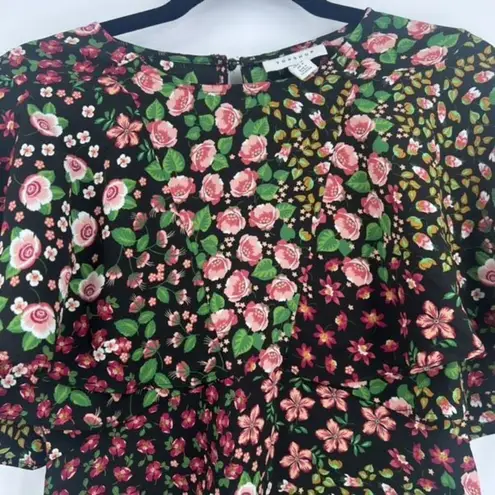 Topshop  Women's Capelet Short Sleeve Floral Print Ruffle Top Blouse Black Size 4