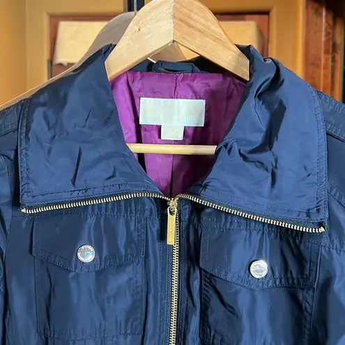 Michael Kors Trench Coat Navy Blue with Purple Lining & Gold Hardware Size Small