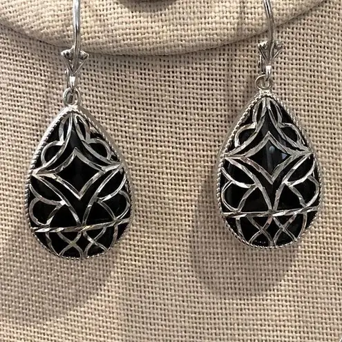 Onyx Black and Sterling Silver Filigree Drop Earrings