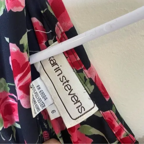 Karin Stevens Vintage 90s Black Rose Print Semi Sheer Midi Dress Size 6