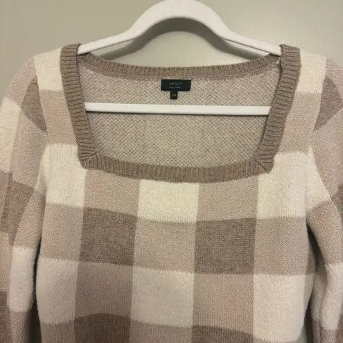 Debut Ultra-Soft Cropped Gingham Colorblock Sweater Top in Cream / Beige / Brown
